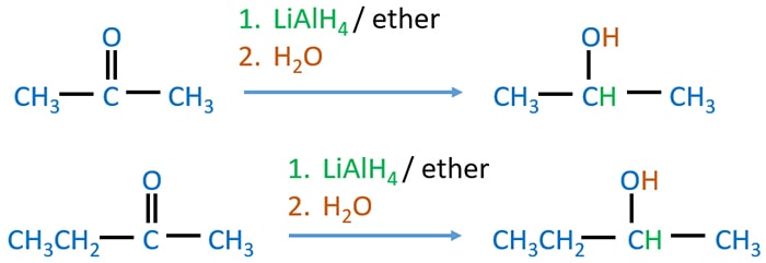 Ketone reduction by LiAlH4 - propanone, butanone